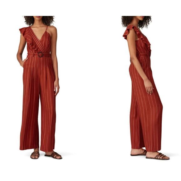 Three Floor Margaux Jumpsuit Burgundy Strip Sleeveless Ruffle / Spaghetti Size 0 - Picture 1 of 16